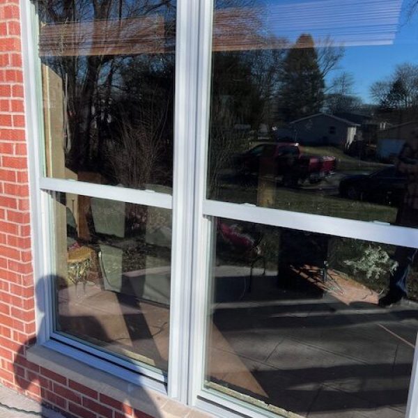 A large, newly installed white-framed window on a brick house, reflecting the outdoor patio and a tree.